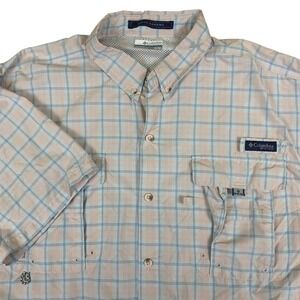 Columbia PFG Super Bahama Mens XL Short Sleeve Fishing Shirt Plaid Peach FM7190